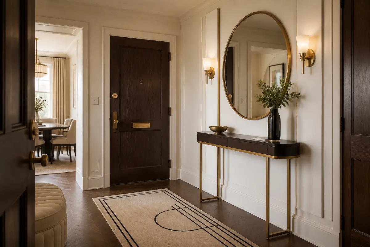 Lối vào Art Deco gọn với console mảnh và gương tròn