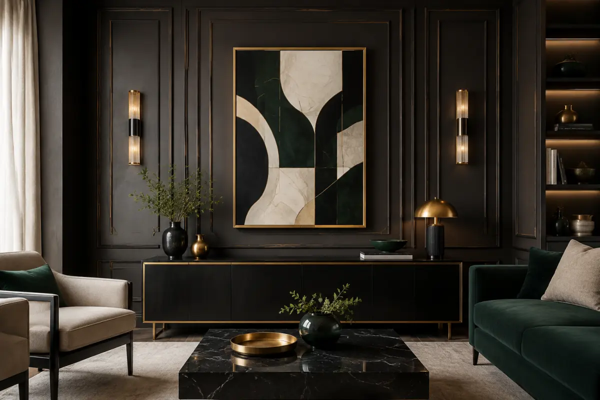 Mảng tường phòng khách Art Deco với hình học và xanh lục đậm