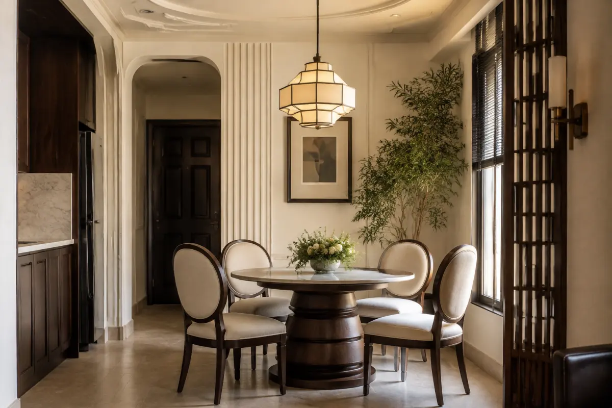 Góc bàn ăn Art Deco nhỏ với vật trang trí thấp
