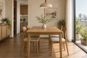 Bàn ăn bốn ghế với một bình gốm thấp và khoảng trống rộng để bày món