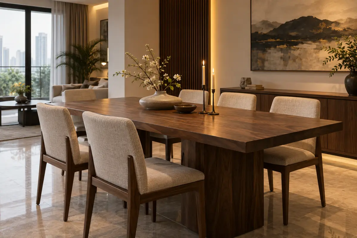 Bàn ăn sáu ghế có bình gốm thấp và chỗ trống cho bữa ăn gia đình