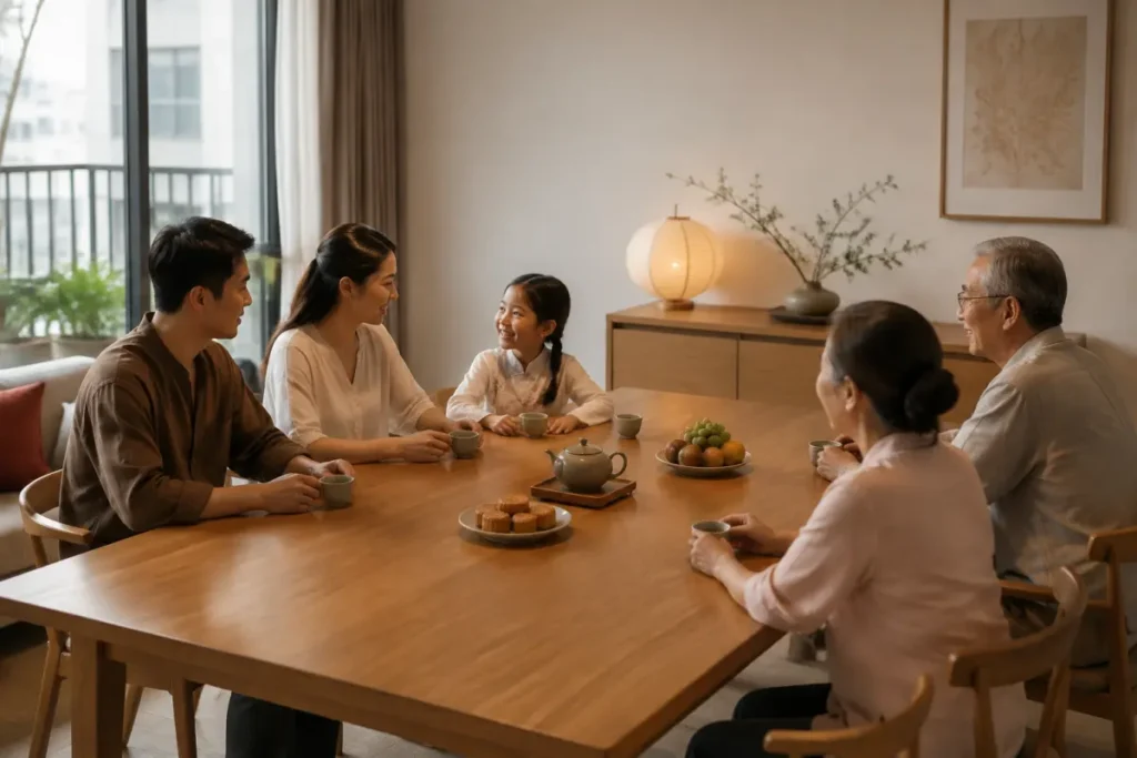 Gia đình quây quần quanh bàn trà bánh Trung thu thoáng rộng