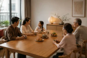 Gia đình quây quần quanh bàn trà bánh Trung thu thoáng rộng
