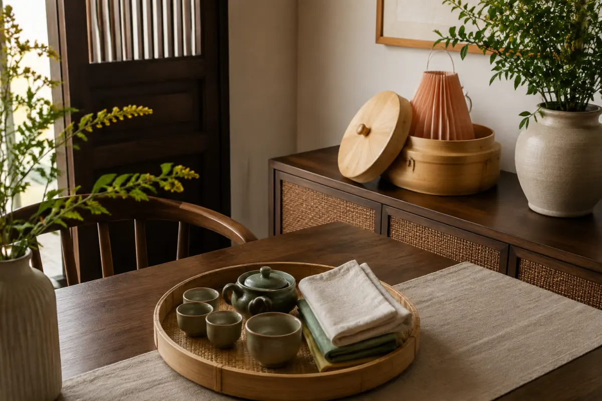 Khay chén và khăn được gom gọn sau tiệc Trung thu