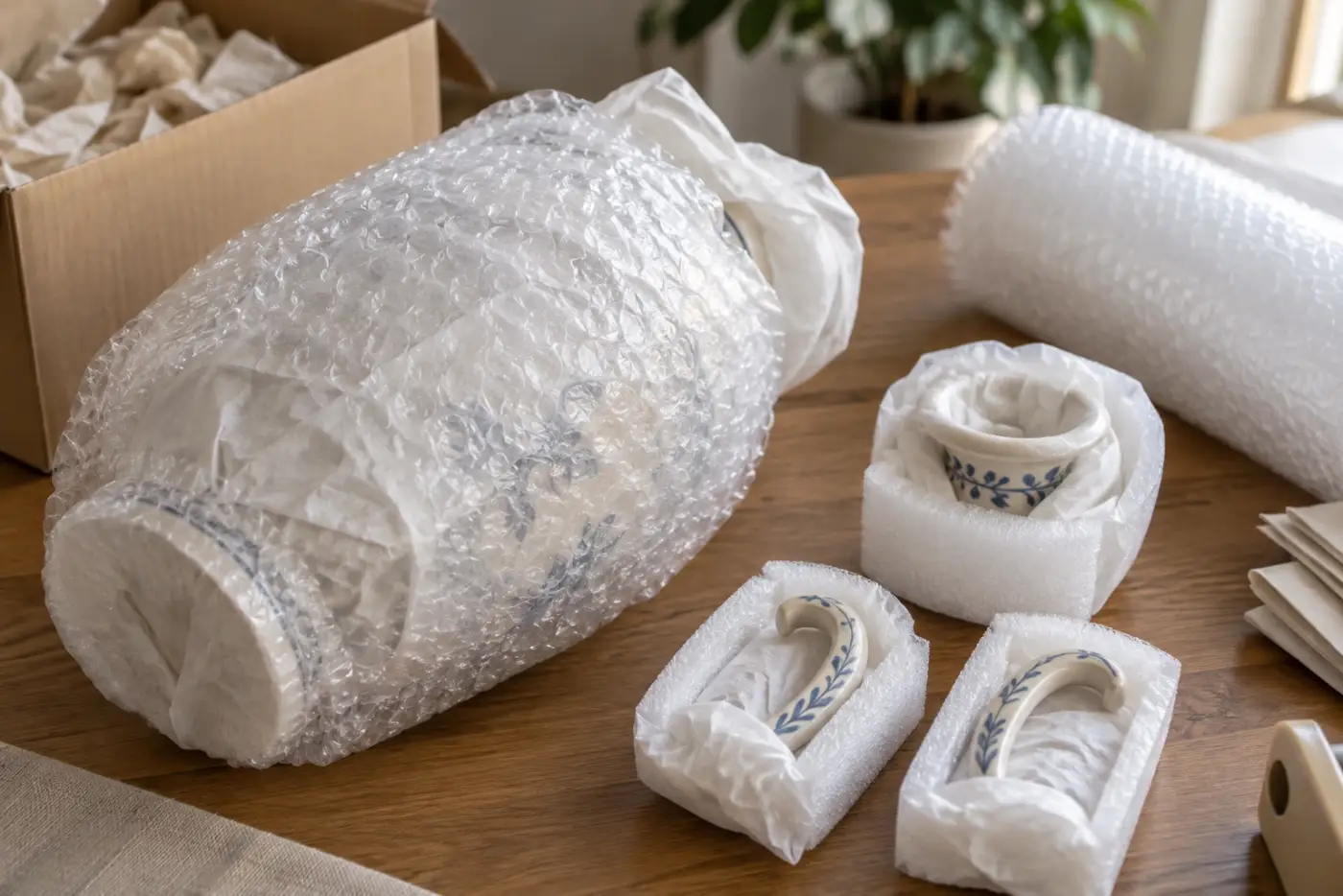 Bình gốm và chi tiết rời được bọc riêng bằng giấy mềm và xốp