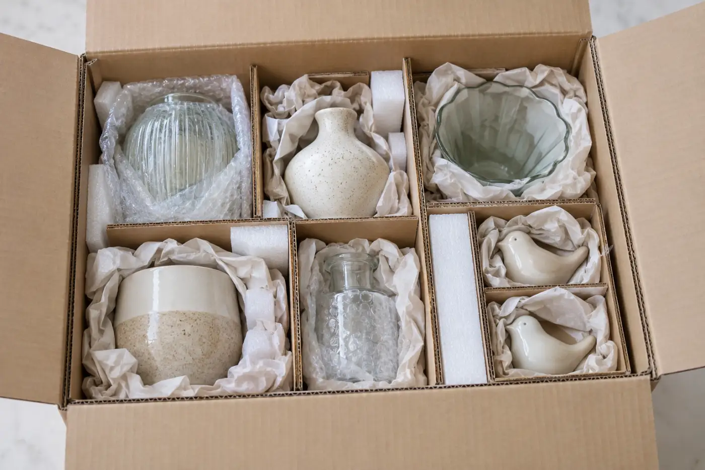 Đồ decor dễ vỡ được chia ô và chèn kín trong thùng carton