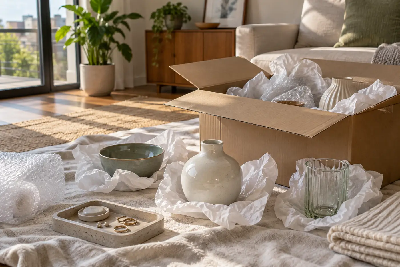 Mở thùng đồ decor trên tấm chăn sạch sau khi chuyển nhà