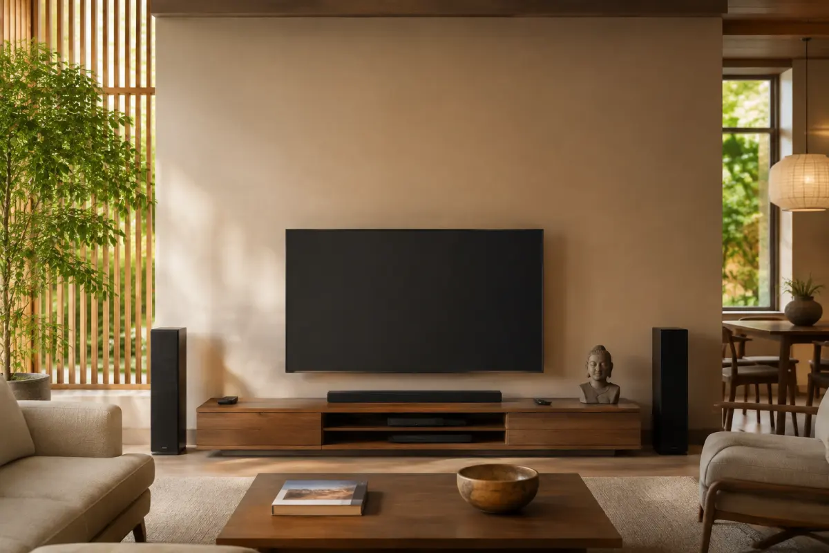 Tượng nhỏ đặt lệch bên kệ TV và không che màn hình