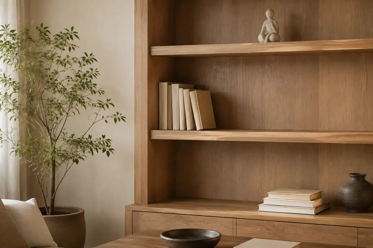 Tượng decor đặt lùi mép trên kệ sách mở