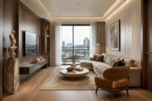Phòng khách chung cư cao cấp được bố trí thoáng với một điểm nhấn chính