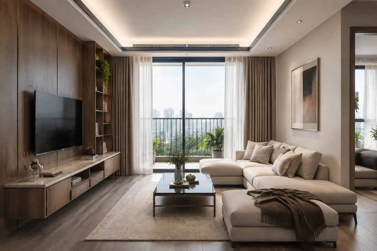 Bố cục sofa, bàn trà và kệ TV có khoảng thở