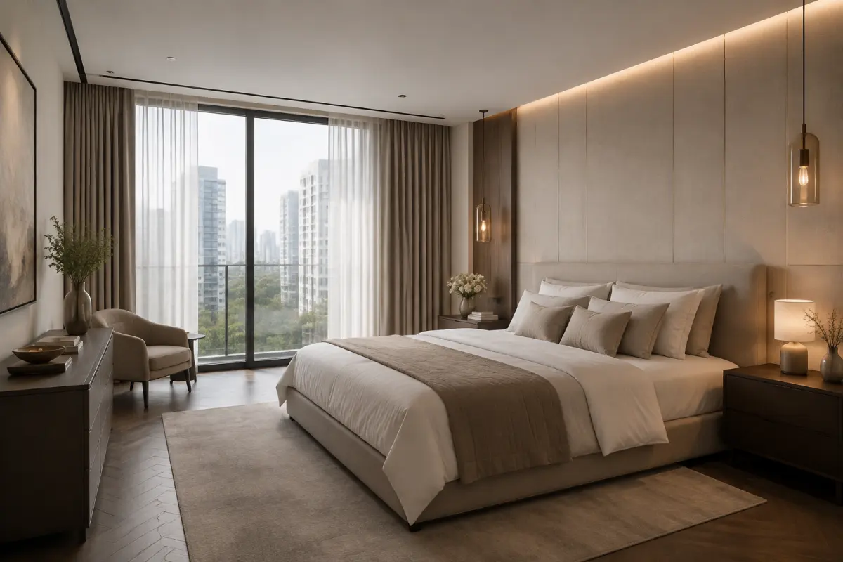 Phòng ngủ chung cư dùng bảng màu dịu và ít vật trang trí