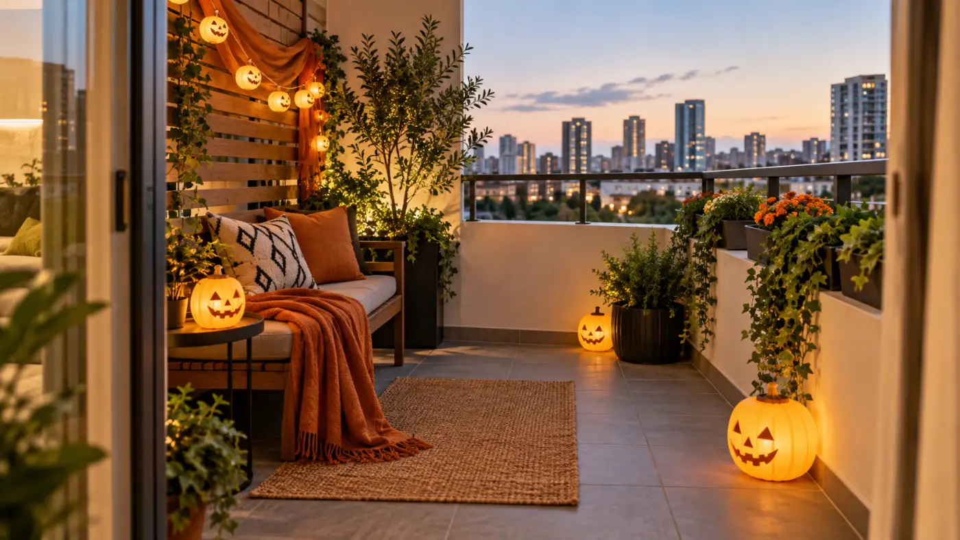 Ban công chung cư dùng đèn LED và điểm nhấn cam đất dịp Halloween