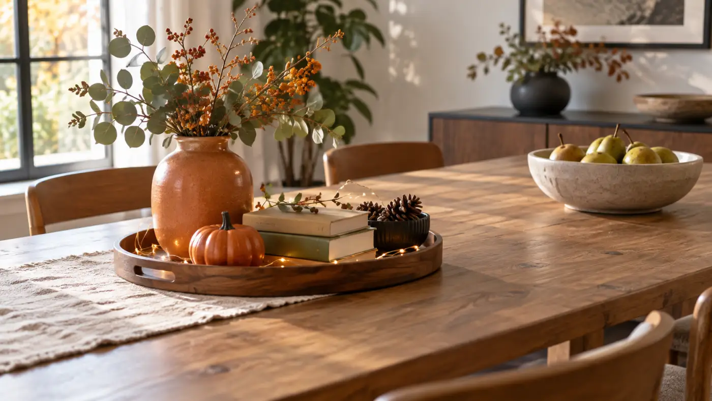Khay decor mùa thu có bình gốm, sách và đèn LED nhỏ trên bàn ăn