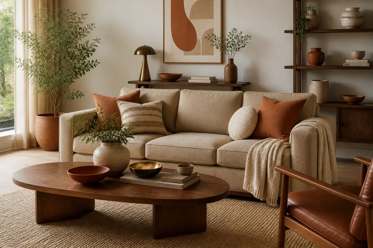 Đồ decor màu đất và kem phối hài hòa với sofa be