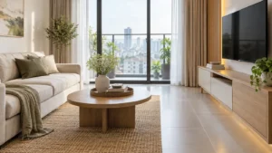 Phòng khách căn hộ nhỏ với một bình hoa làm điểm nhấn