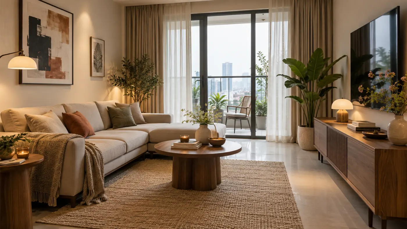 Phòng khách hoàn thiện theo ngân sách 10 triệu với nhiều lớp ánh sáng