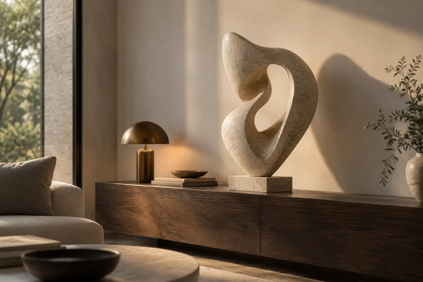 Tượng trừu tượng lớn làm điểm nhấn trên tủ console