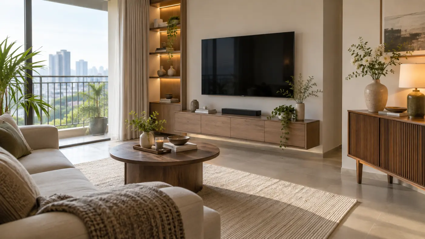 Bàn trà, kệ TV và console được liên kết bằng màu và vật liệu