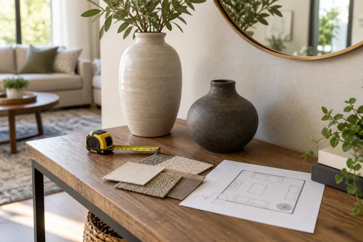 Thước đo và mẫu vật liệu cạnh các bình decor trên console