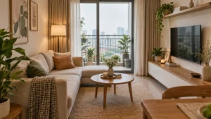 Phòng khách căn hộ nhỏ được hoàn thiện bằng ít món decor đúng tỷ lệ