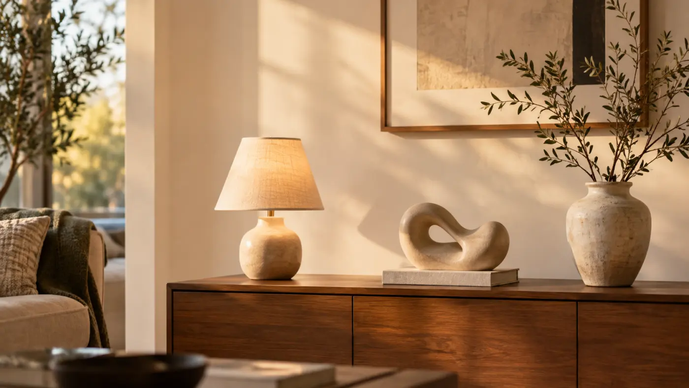 Cụm trang trí tủ console với tượng, đèn và bình có khoảng thở