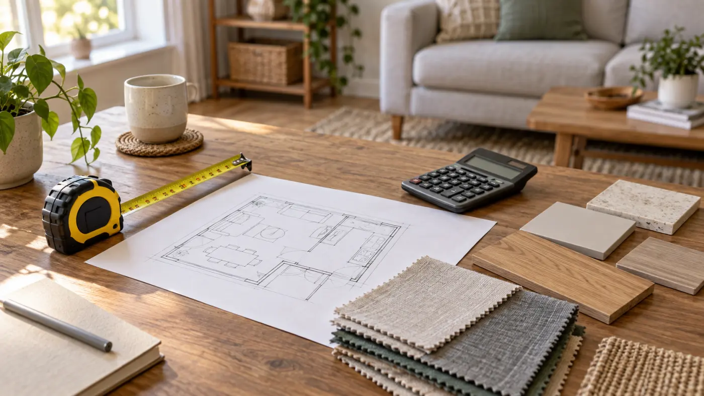 Bản vẽ, thước đo và mẫu vật liệu trước khi mua đồ decor