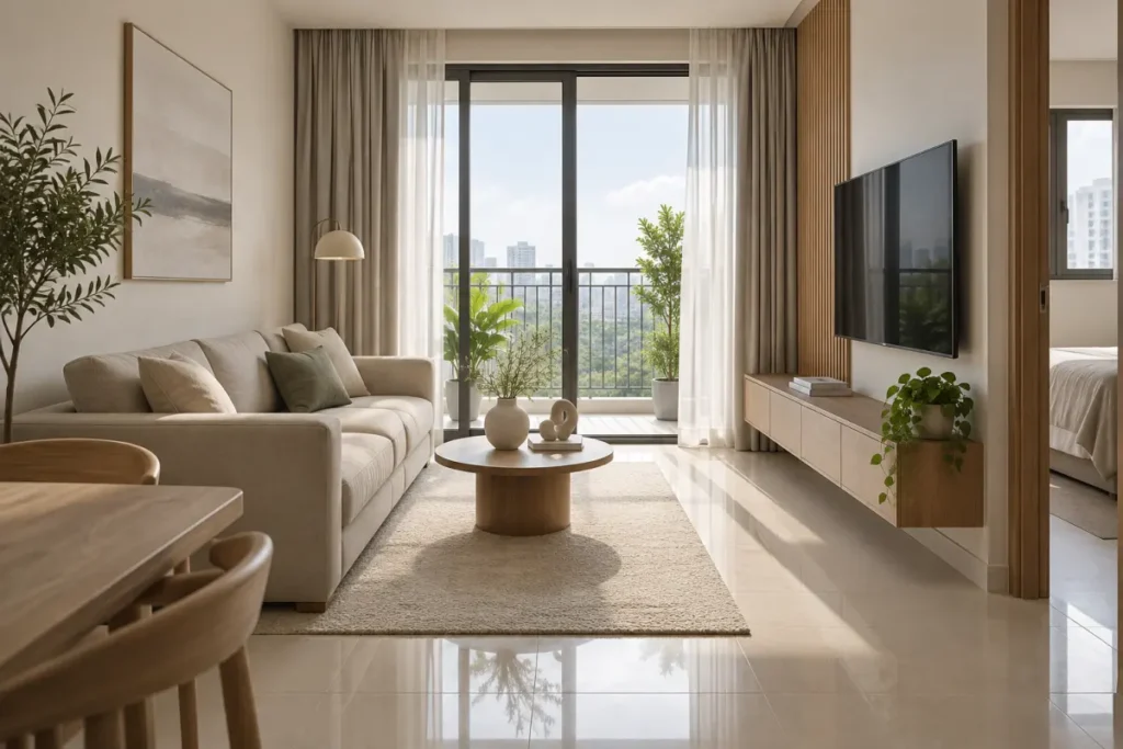 Phòng khách căn hộ nhỏ sáng thoáng với đồ decor gọn