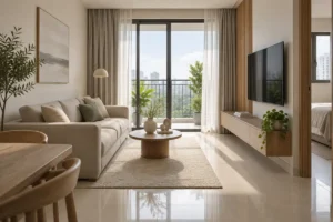 Phòng khách căn hộ nhỏ sáng thoáng với đồ decor gọn