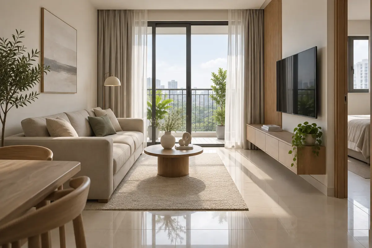 Phòng khách căn hộ nhỏ sáng thoáng với đồ decor gọn