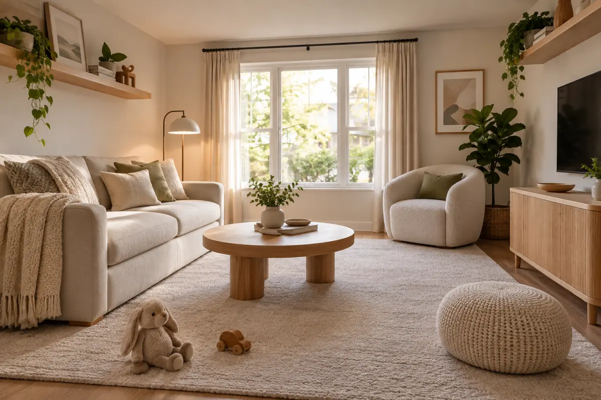 Phòng khách nhỏ an toàn với đồ decor đặt trên cao