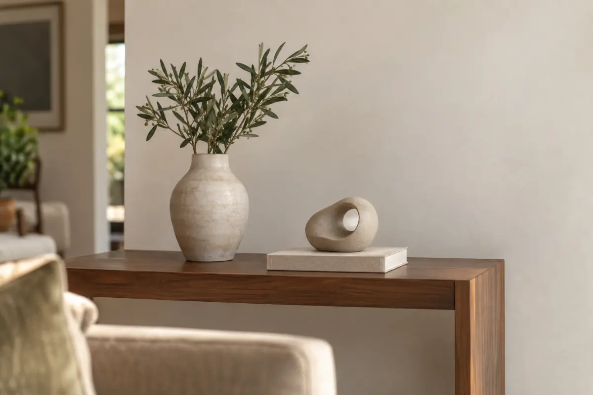 Cụm bình hoa tượng nhỏ và sách trên console