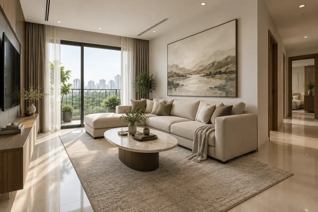 Phòng khách có sofa chữ L cân bằng bàn trà và mảng tường
