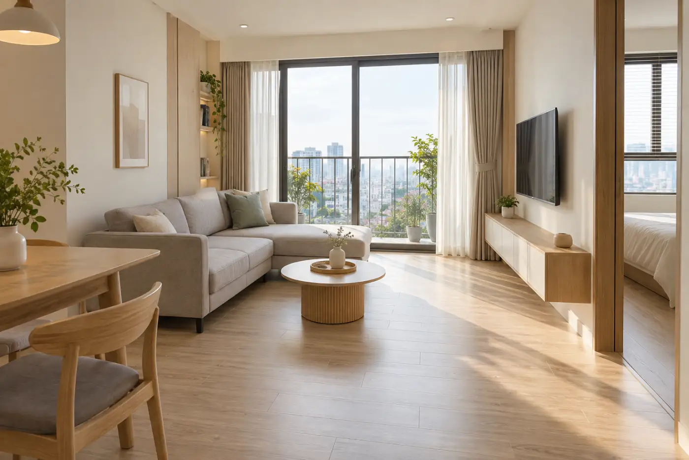 Sofa góc trong phòng khách nhỏ với bàn trà tròn gọn