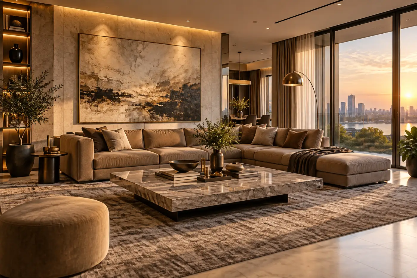 Phòng khách rộng có sofa góc và tranh khổ lớn