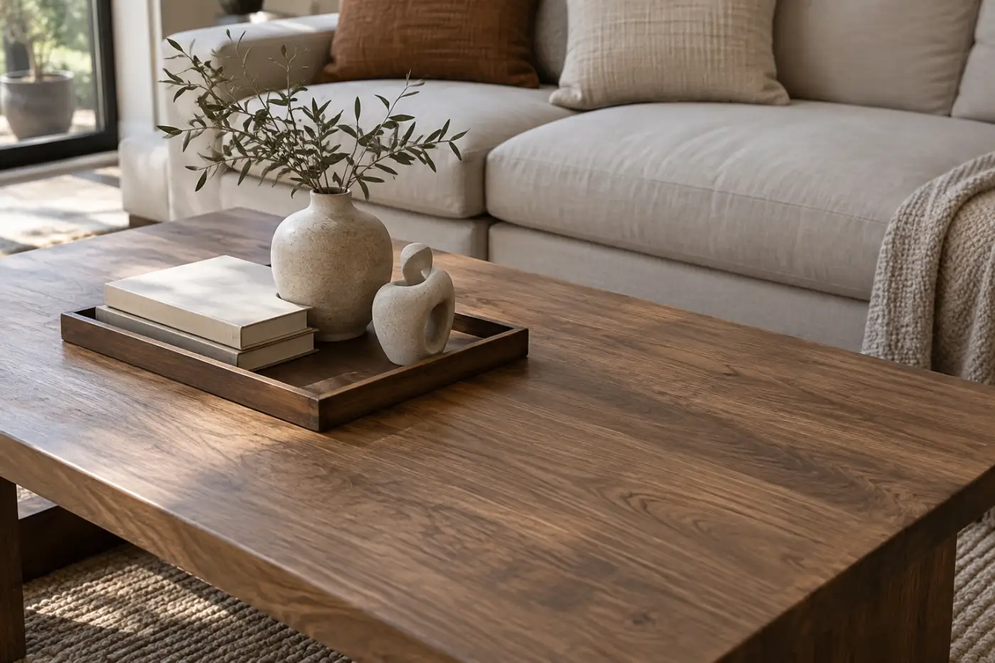 Cụm decor thấp trên bàn trà trước sofa chữ L