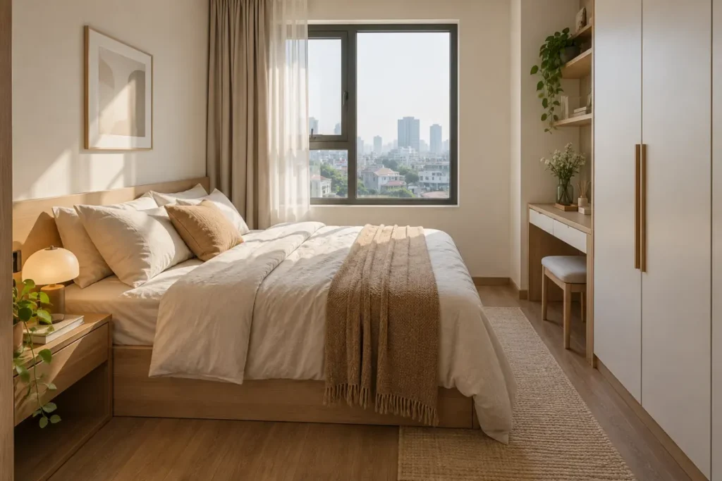 Phòng ngủ nhỏ sáng thoáng với đồ decor gọn