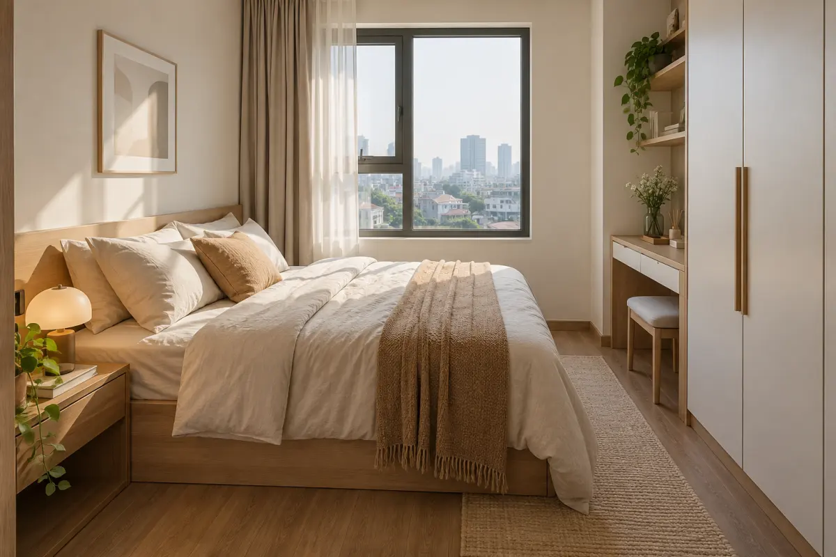 Phòng ngủ nhỏ sáng thoáng với đồ decor gọn