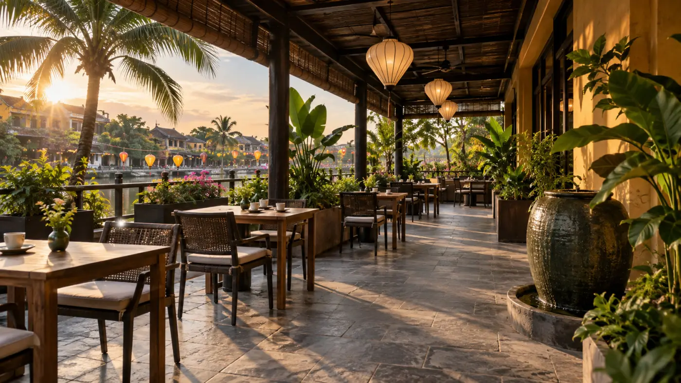 Sân quán cà phê có vật trang trí bền và lối đi rõ
