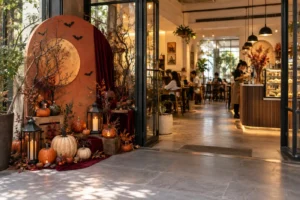 Góc check-in Halloween ở cửa quán cà phê với lối vào thông thoáng