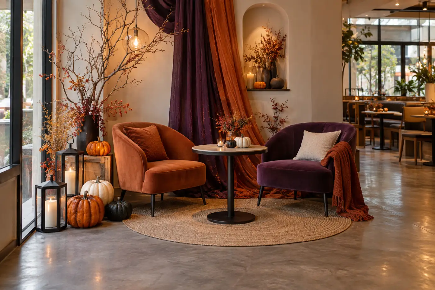 Góc khách ngồi Halloween tông cam đất và đỏ mận trong quán cà phê