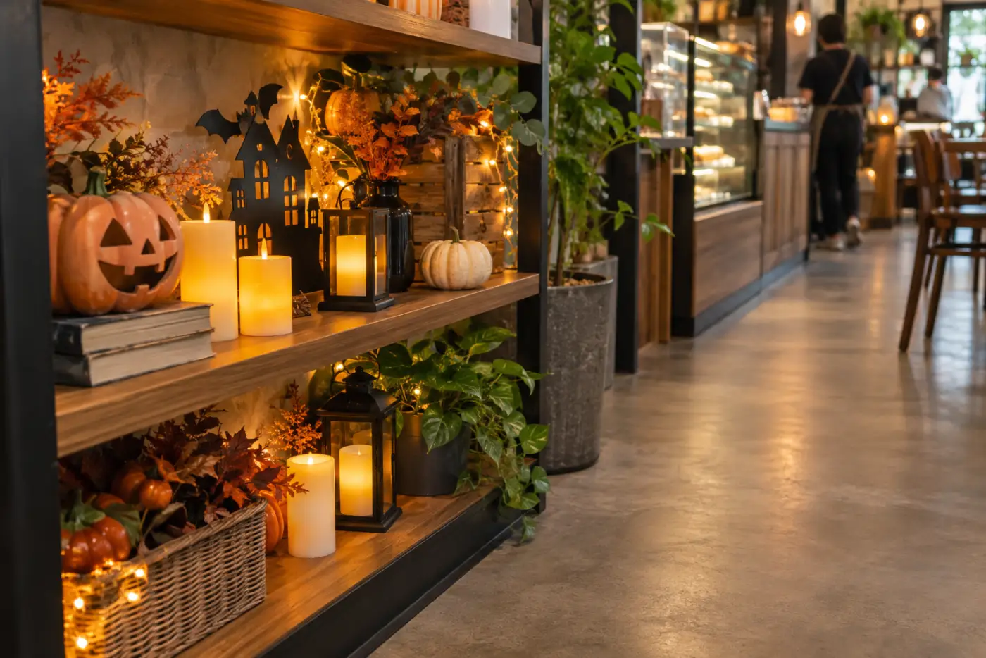 Đèn LED Halloween được bố trí an toàn bên cạnh lối đi quán cà phê