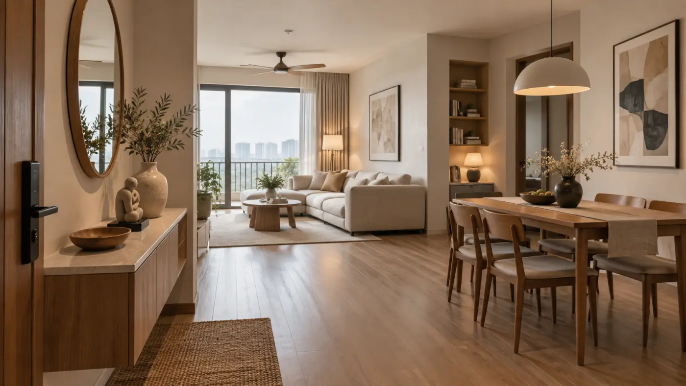 Không gian căn hộ liên kết phòng khách, phòng ăn và lối vào bằng màu gỗ ấm