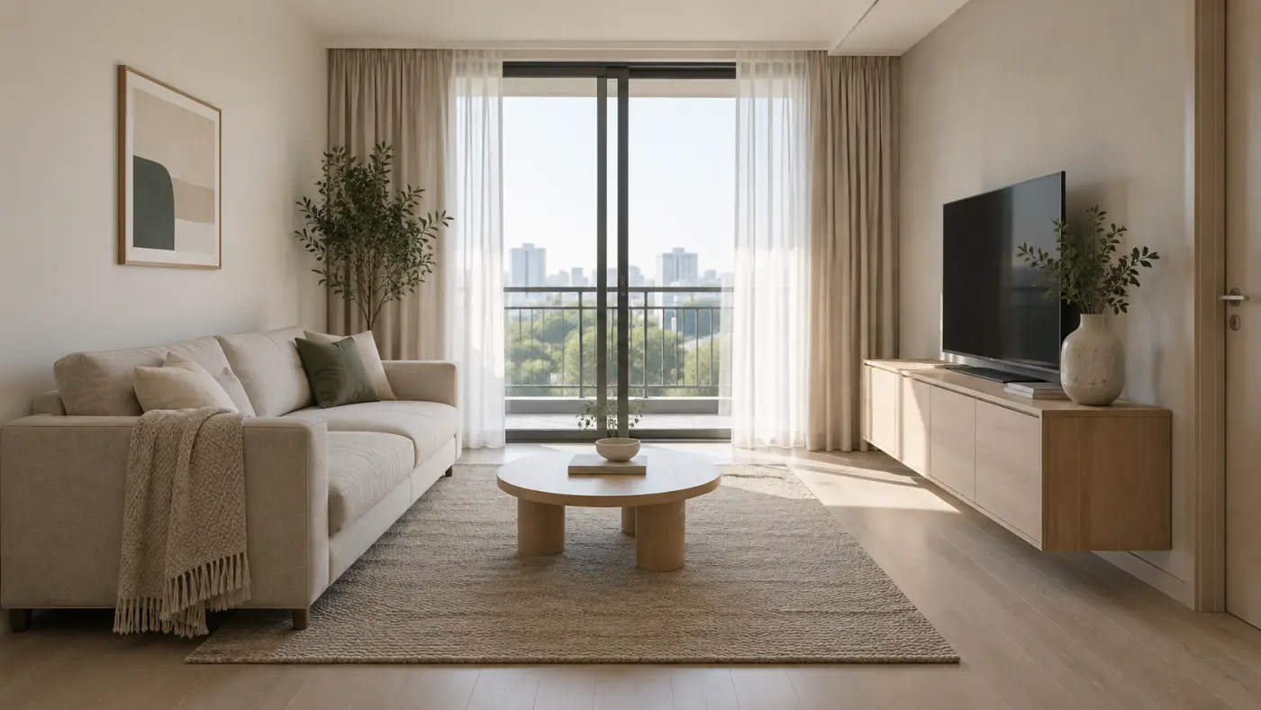 Phòng khách căn hộ nhỏ với đồ trang trí đúng tỷ lệ trên bàn và kệ TV