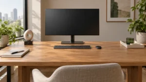 Bàn làm việc hiện đại có một món decor chính và vùng thao tác rộng