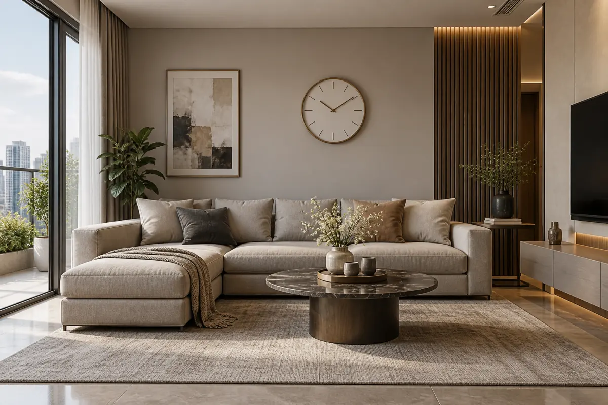Đồng hồ decor cân đối trên tường phòng khách