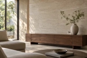 Bình gốm mờ và vật trang trí pha lê nhỏ trên tủ gỗ phòng khách