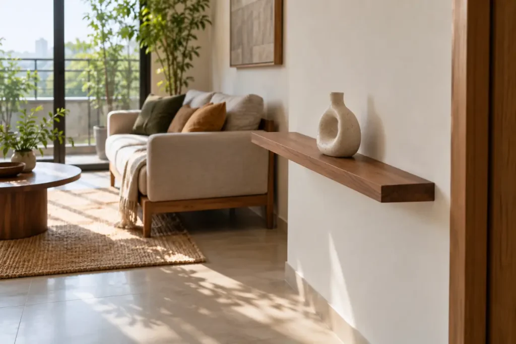 Kệ treo tường hẹp với một bình trang trí đặt lùi khỏi mép