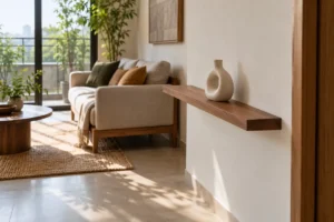 Kệ treo tường hẹp với một bình trang trí đặt lùi khỏi mép