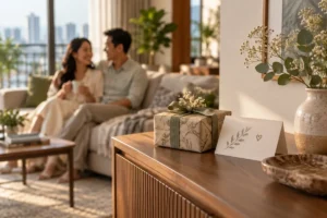 Hộp quà kỷ niệm cưới đặt trên bàn console trong phòng khách